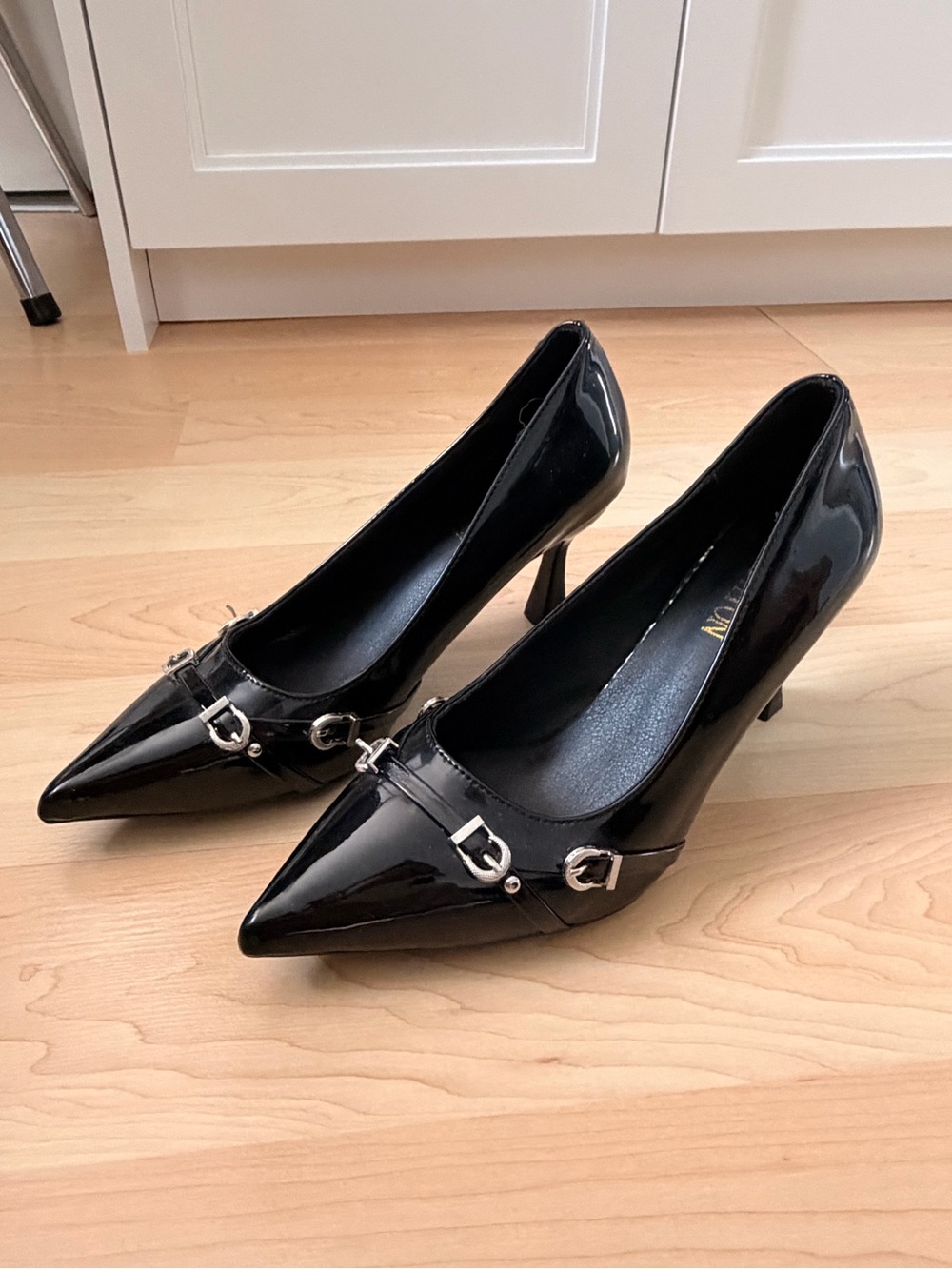 SHEIN Black Patent Pointed Kitten Heel Pumps with Silver Buckle Trim
